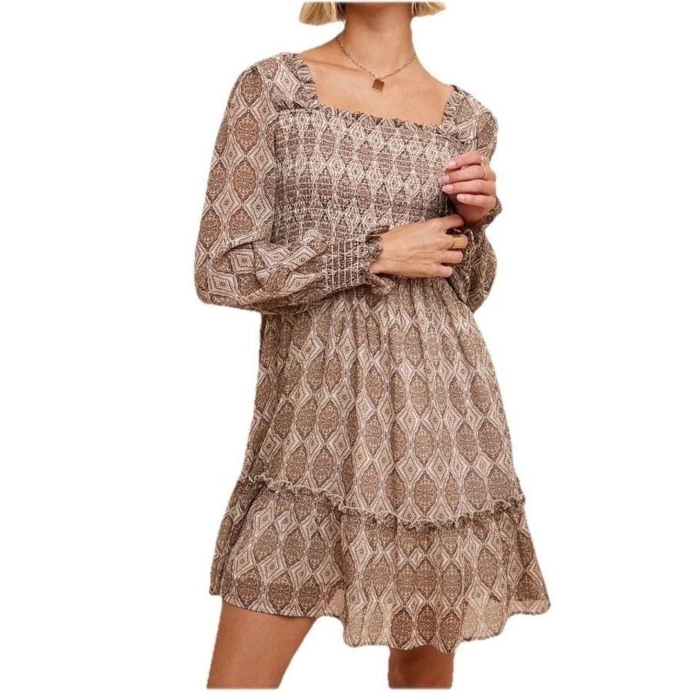 143 Story by Line Up Cream Brown Medallion Smocked Mini Dress IDM7584A Small NWT